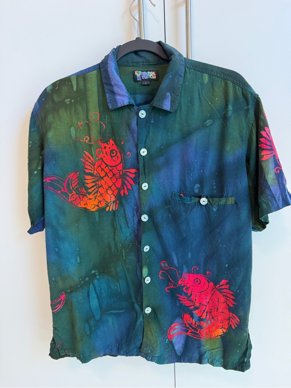 Tropical Tantrum Bali Rayon Koi Fish Hawaiian Camp Shirt Mens Large Hand Painted